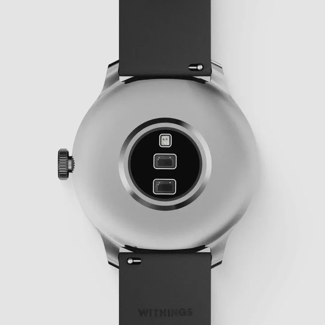 Tylne widok inteligentnego zegarka Withings z czarnym paskiem i czujnikami