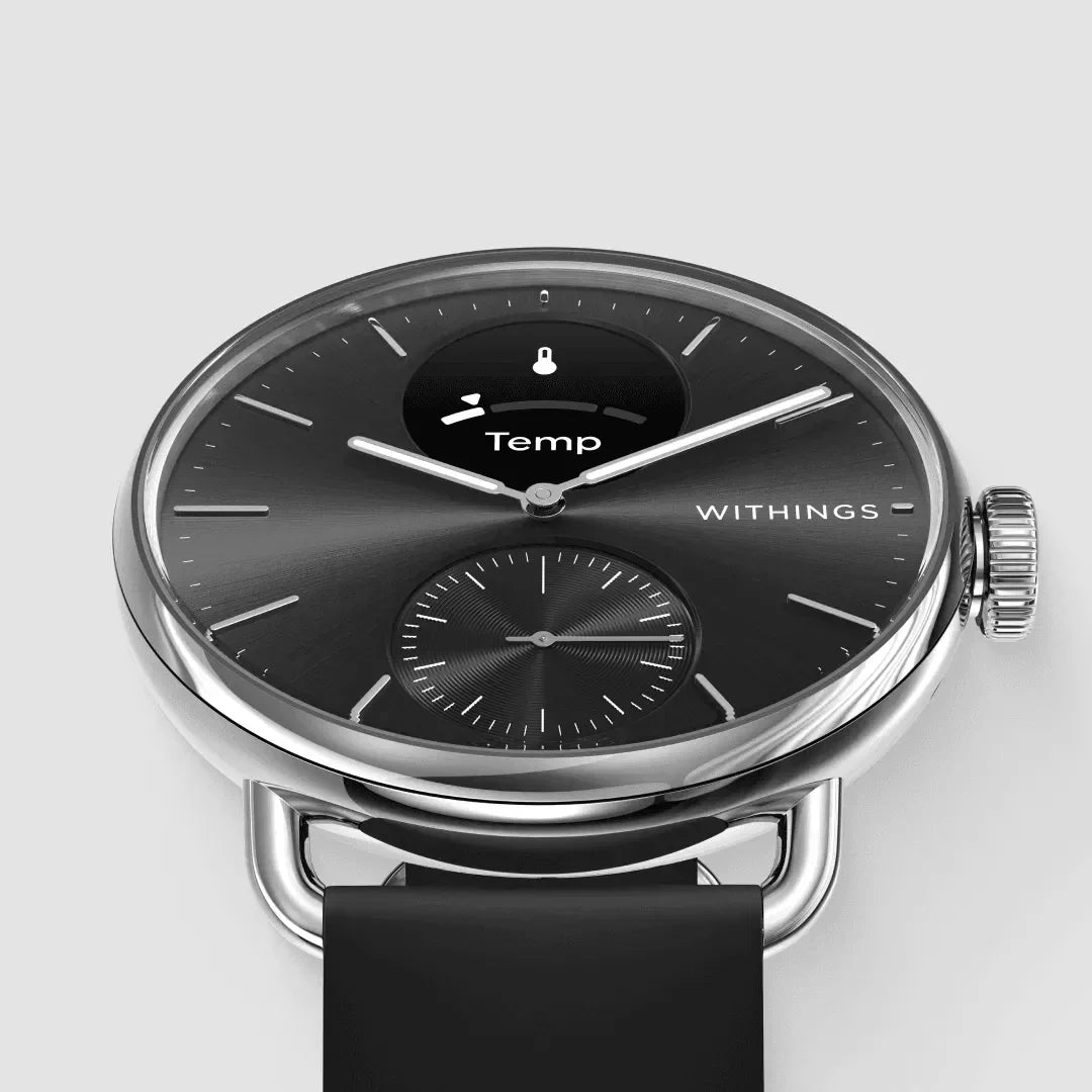 Elegancki zegarek Withings z czarną tarczą i funkcją pomiaru temperatury, idealny do stylowego home office.