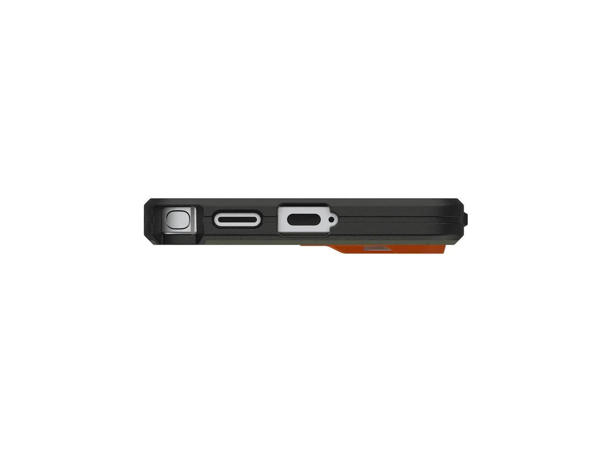 Czarny port USB-C z pomarańczowym akcentem, idealny do ładowania i synchronizacji urządzeń biurowych