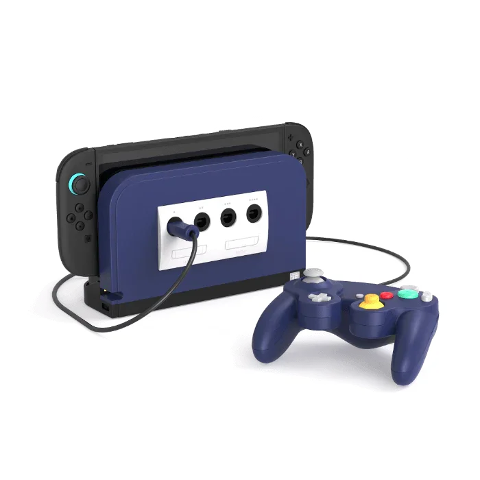 Niebieski stojak do Nintendo Switch z kontrolerem i portami USB, idealny dla graczy i biura domowego