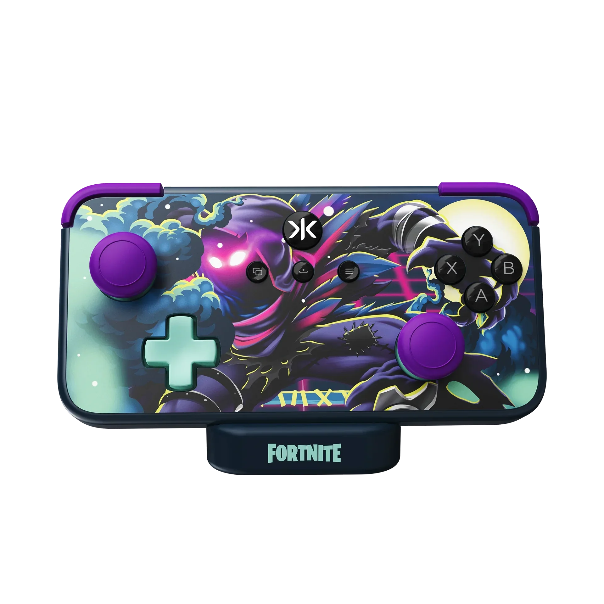 Kontroler Fortnite z fioletowymi dżojstikami i kolorowym designem, idealny do gier mobilnych