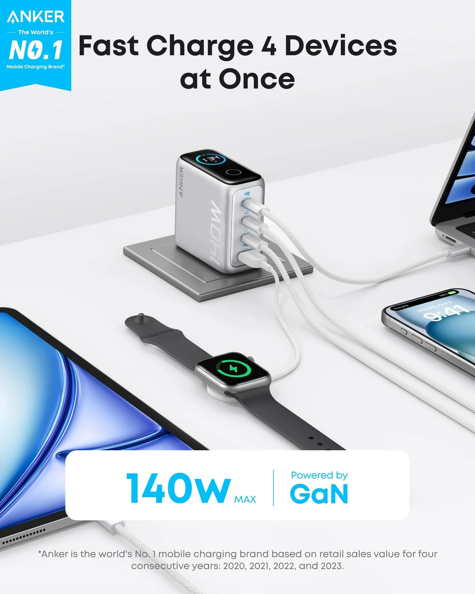Anker - Charger (140W, 4-Port, PD 3.1) with USB-C Cable