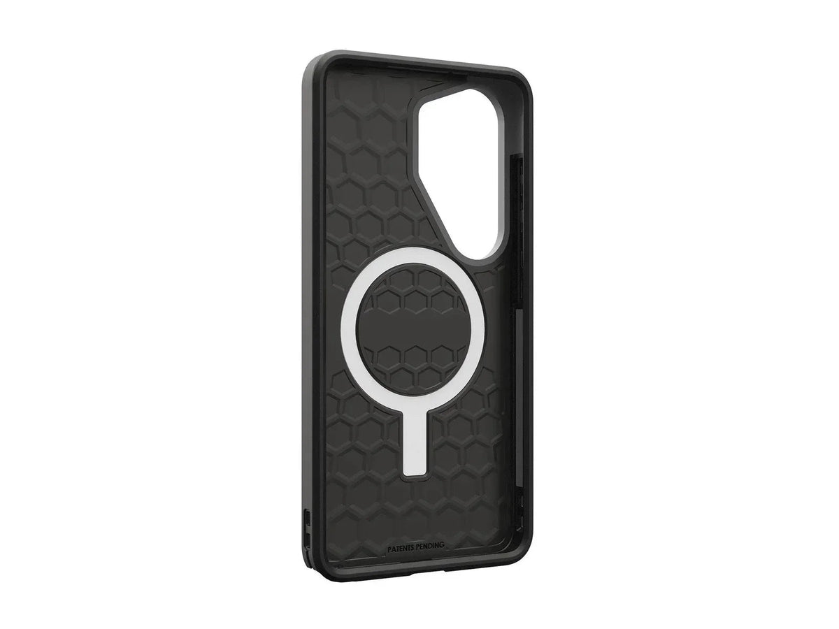 Czarny etui do telefonu z magnetycznym pierścieniem i wzorem sześciokątów, idealne dla home office