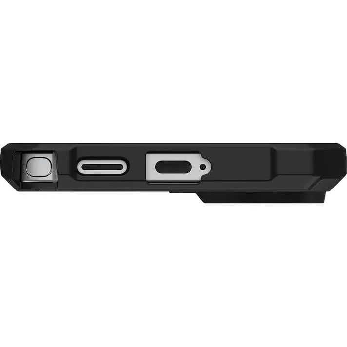 Czarny stojak do telefonu z portem USB-C i gniazdem ładowania, idealny do home office