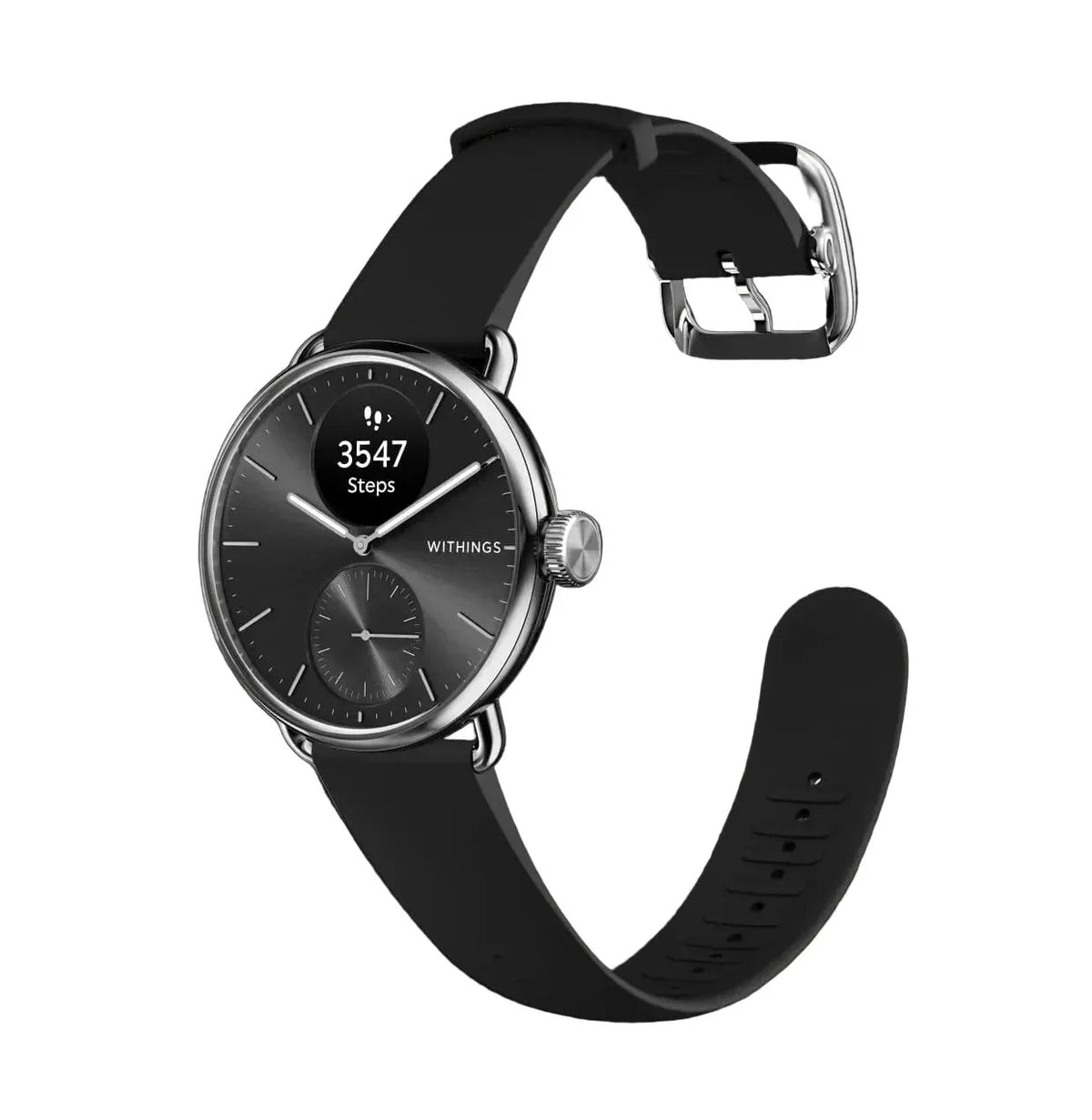 Czarny zegarek Withings z wyświetlaczem kroków, idealny do home office i aktywnego stylu życia