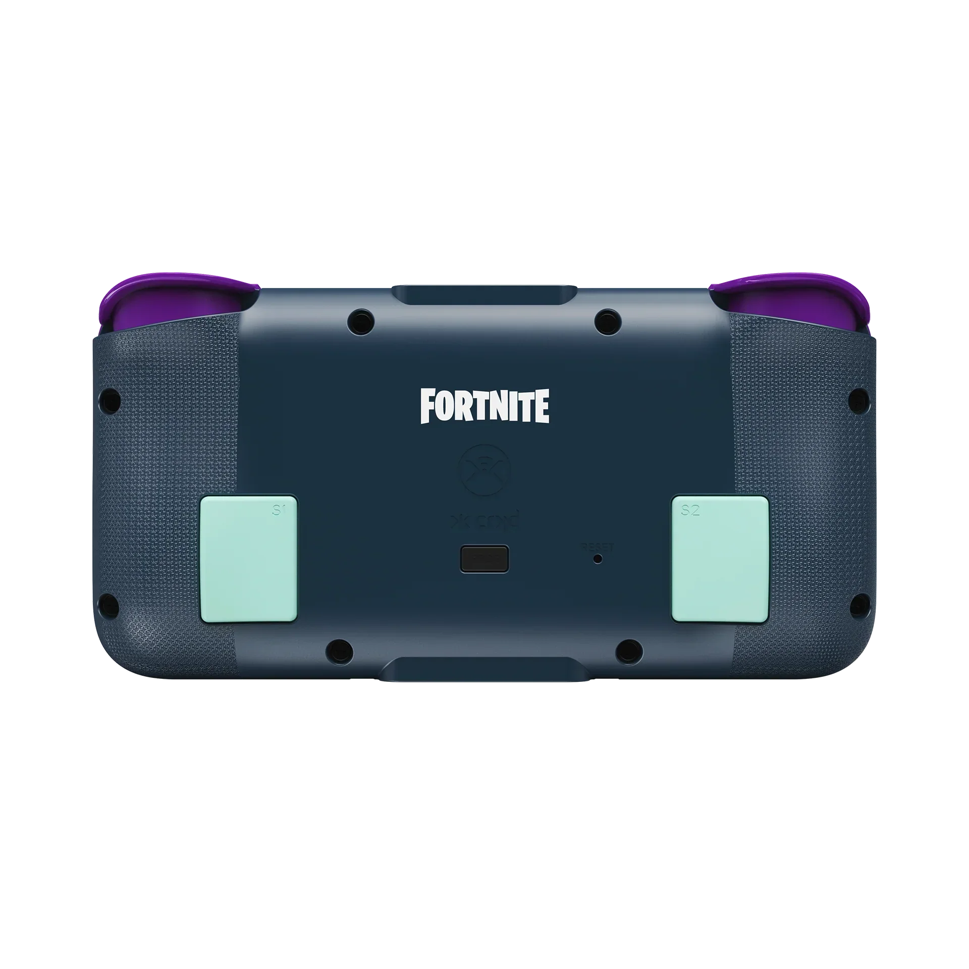 Tylne widok kontrolera Fortnite z fioletowymi uchwytami i zielonymi przyciskami S1, S2