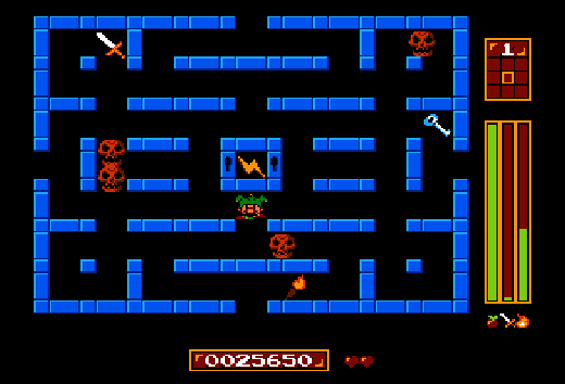 Klasyczna gra w labirynt z postacią, czaszkami i mieczem – retro pixel art