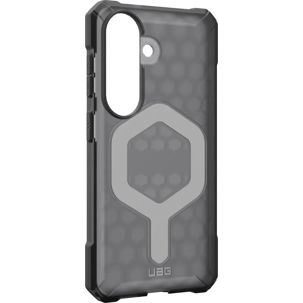Szary etui UAG z wzorem sześciokątów i magnetycznym uchwytem na telefon