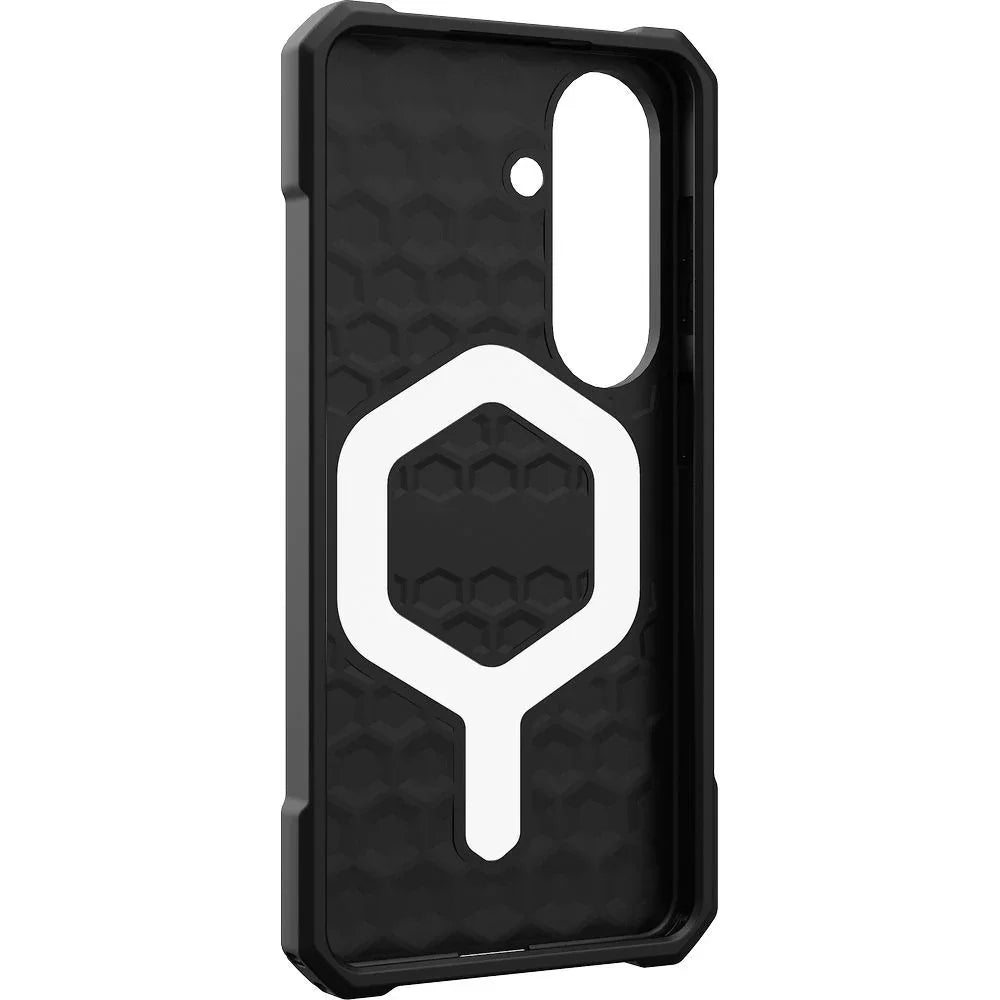 Czarny etui z geometrycznym wzorem i białym logo, idealne do ochrony smartfona