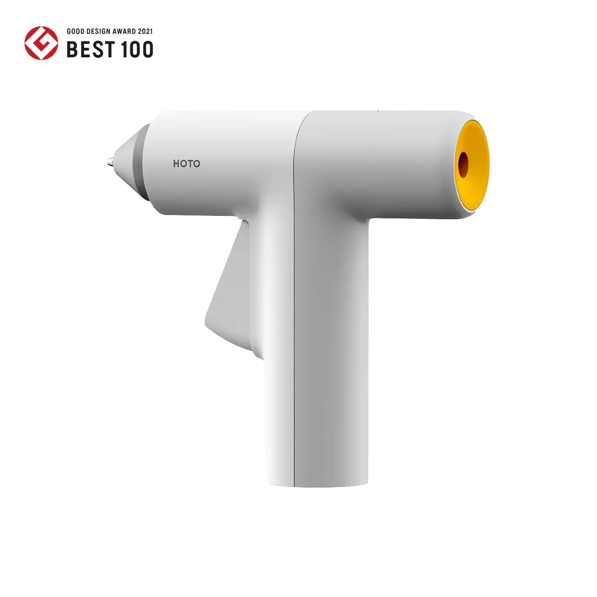 Biały pistolet do kleju termicznego HOTO z żółtym końcem, nagrodzony Good Design Award 2021