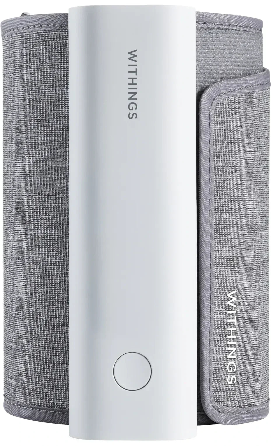 Biały tonometr Withings z szarą opaską, idealny do domowego monitorowania ciśnienia krwi