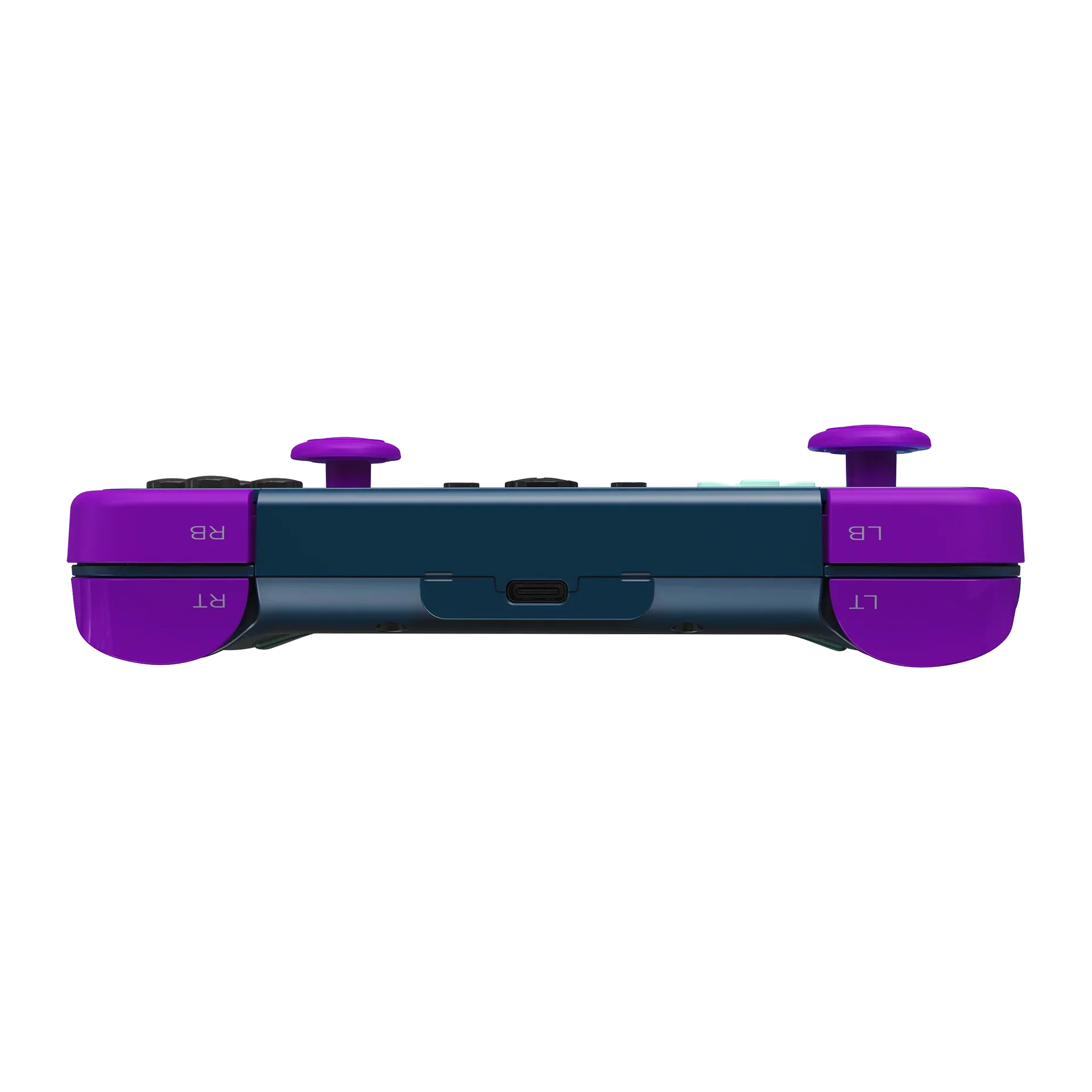 Fioletowy gamepad z przyciskami LB, RB, LT, RT i portem USB-C, idealny do gier i komfortowej rozgrywki.