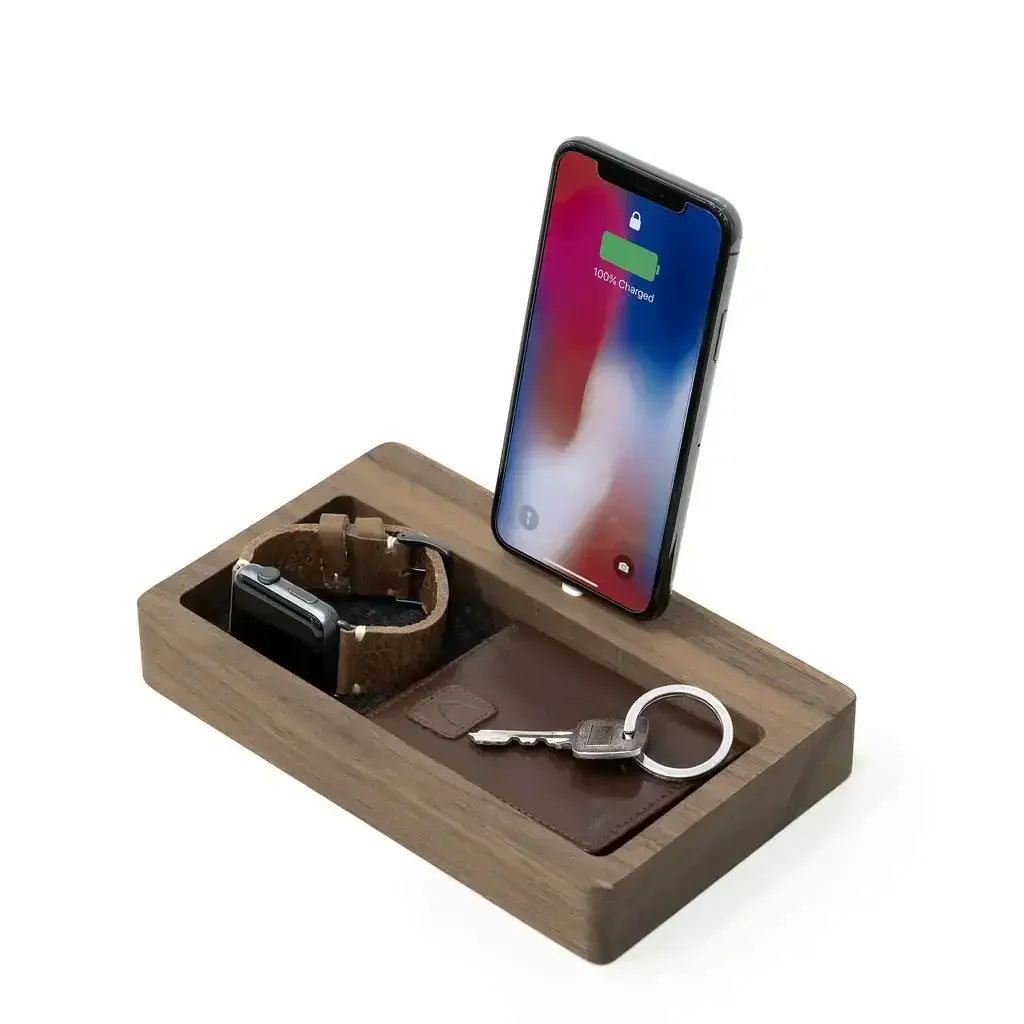 Drewniana podstawka biurkowa z miejscem na telefon, zegarek i klucze, organizer do home office