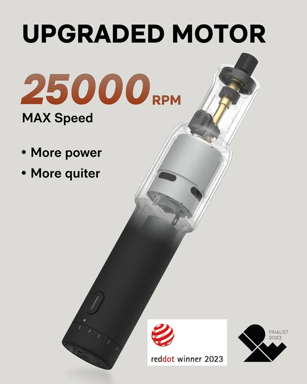 Ulepszony silnik 25000 RPM – więcej mocy, cichszy, laureat Red Dot 2023, idealny do Home Office