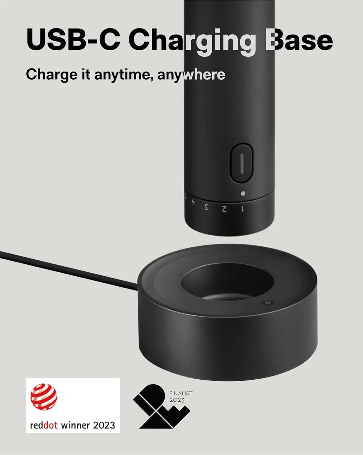 Czarna ładowarka USB-C z podstawą, idealna do Home Office, nagroda Red Dot 2023