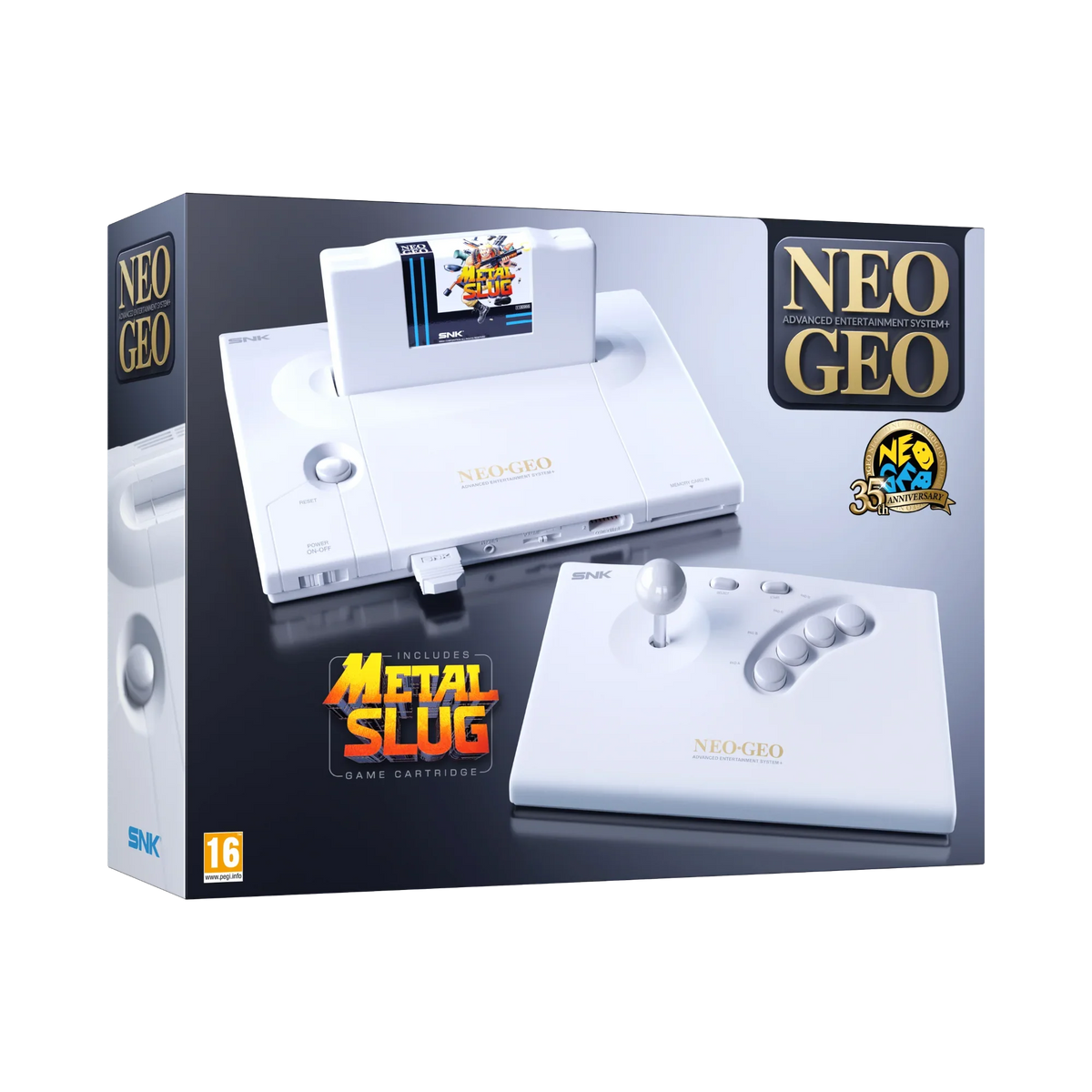 Biała konsola NEO GEO z grą Metal Slug i joystickiem, edycja 35-lecia