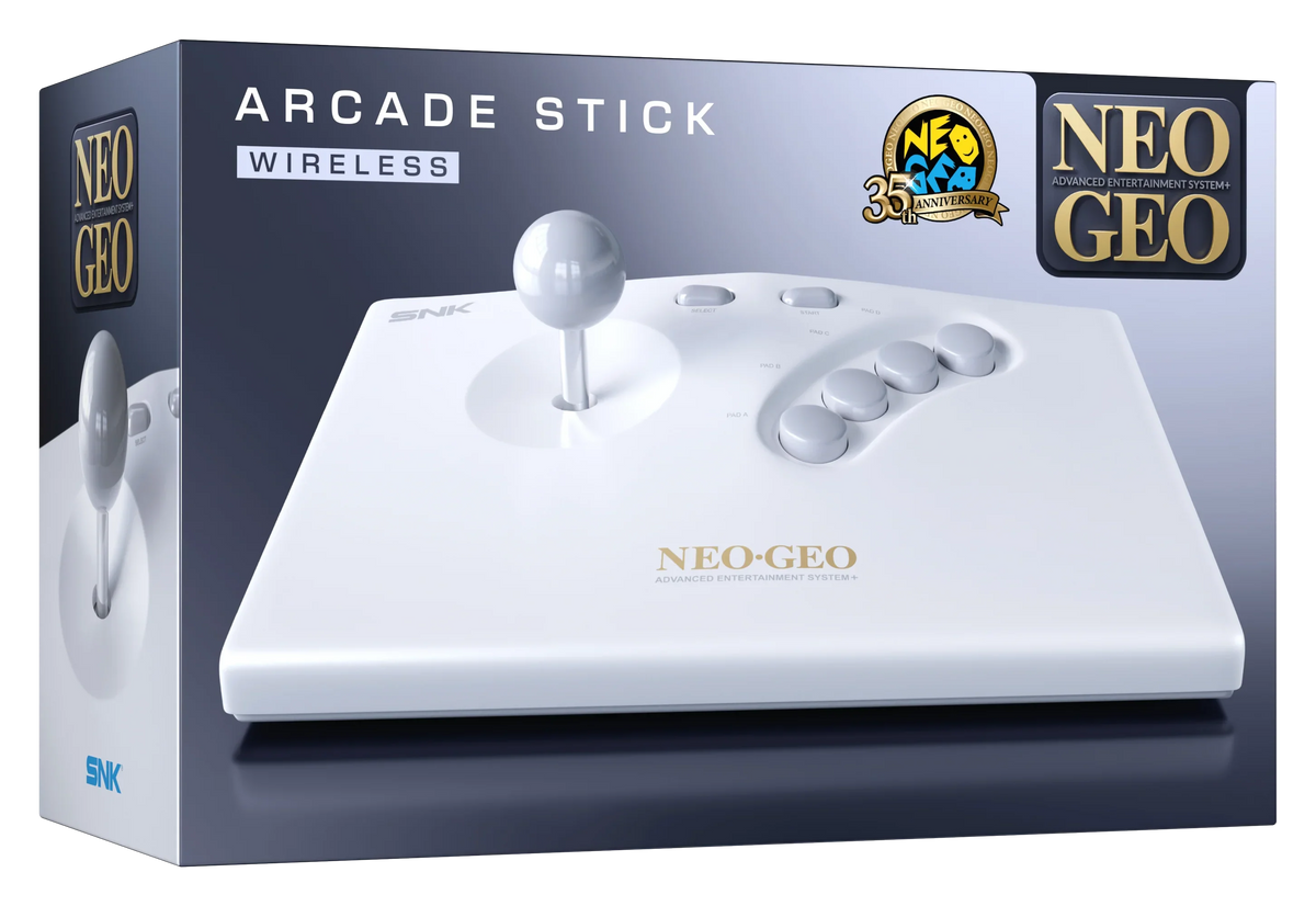 Biały bezprzewodowy joystick Neo Geo Arcade Stick z przyciskami i dżojstikiem, idealny dla graczy