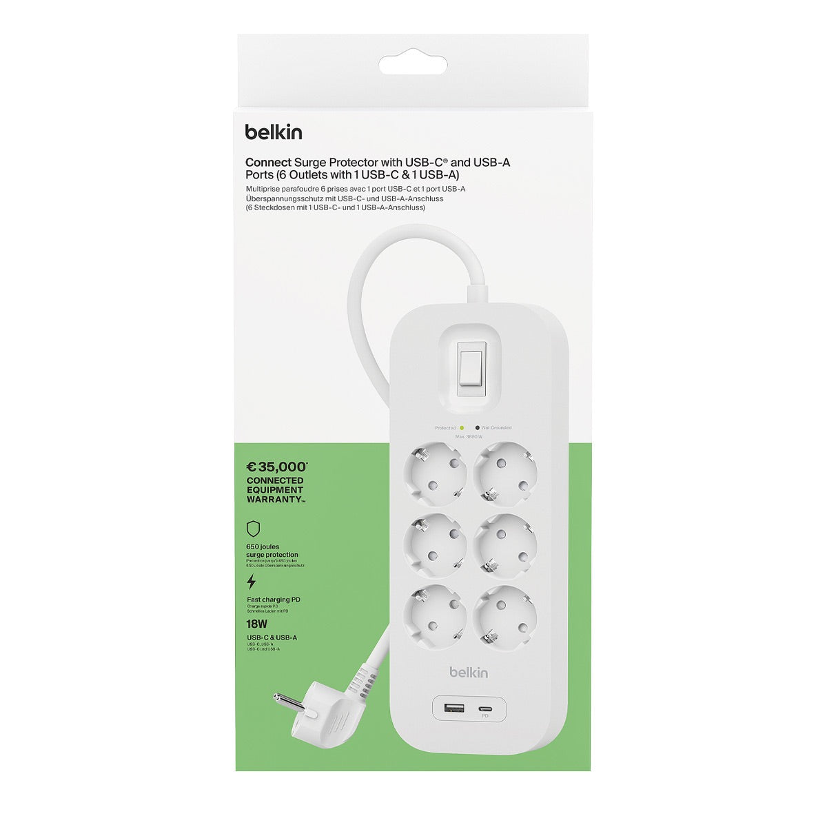 Belkin - Power Strip, 6-sockets + 1xUSB-A 1xUSB-C 650J, Schuko, 2m