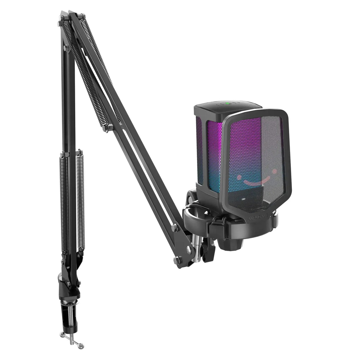 Czarny mikrofon z RGB podświetleniem na ramieniu, idealny do Home Office i streamingu