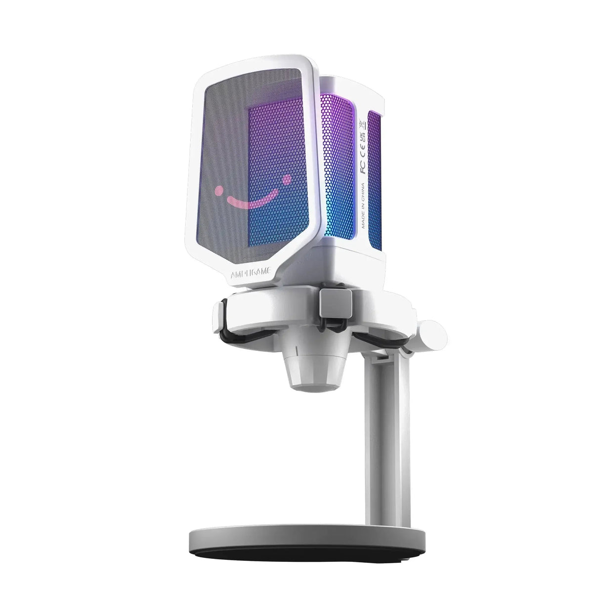 Biały mikrofon z RGB podświetleniem i uśmiechniętą twarzą, idealny do streamingu i pracy w home office