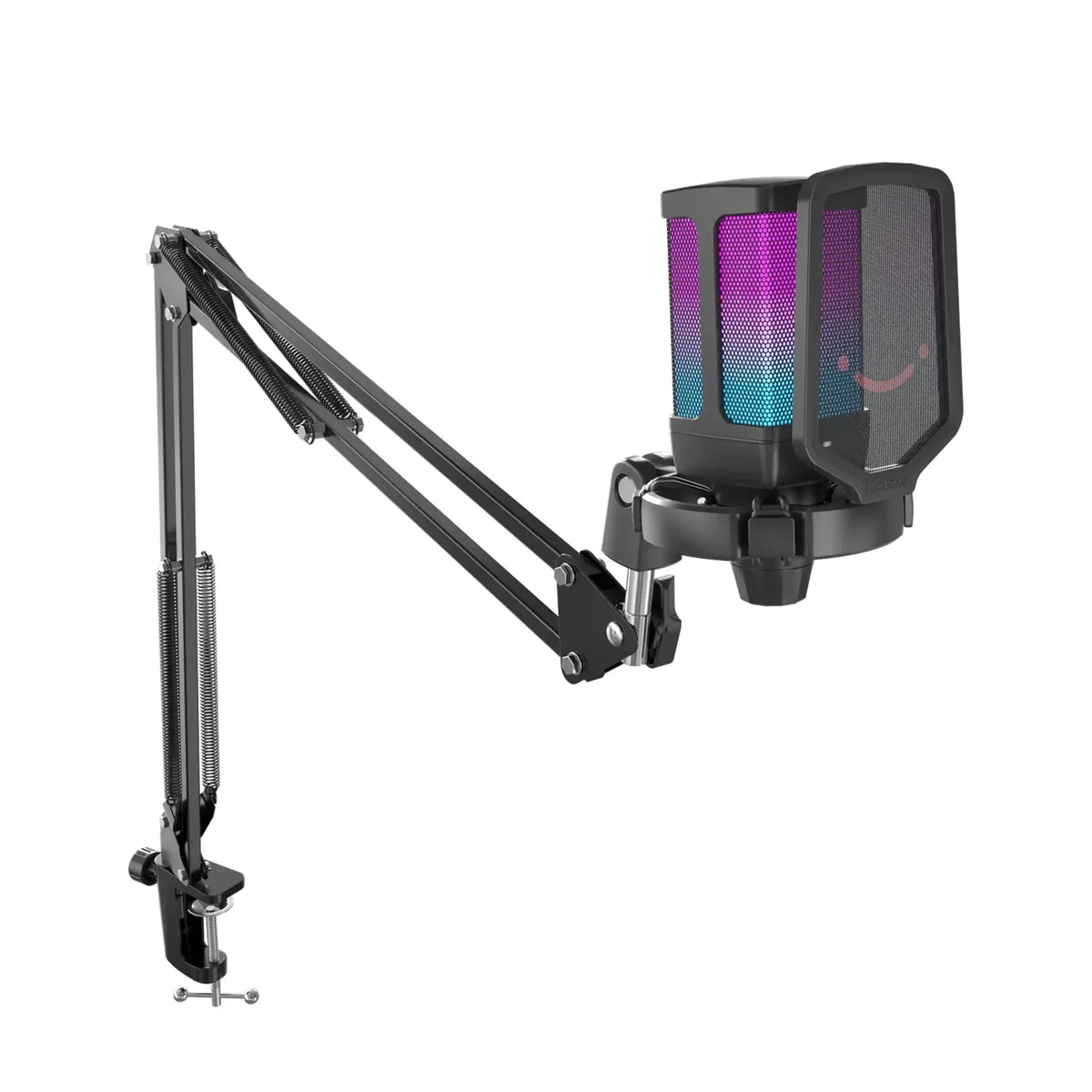 Mikrofon z kolorowym RGB, statywem i pop filtrem do streamingu i nagrywania w Home Office