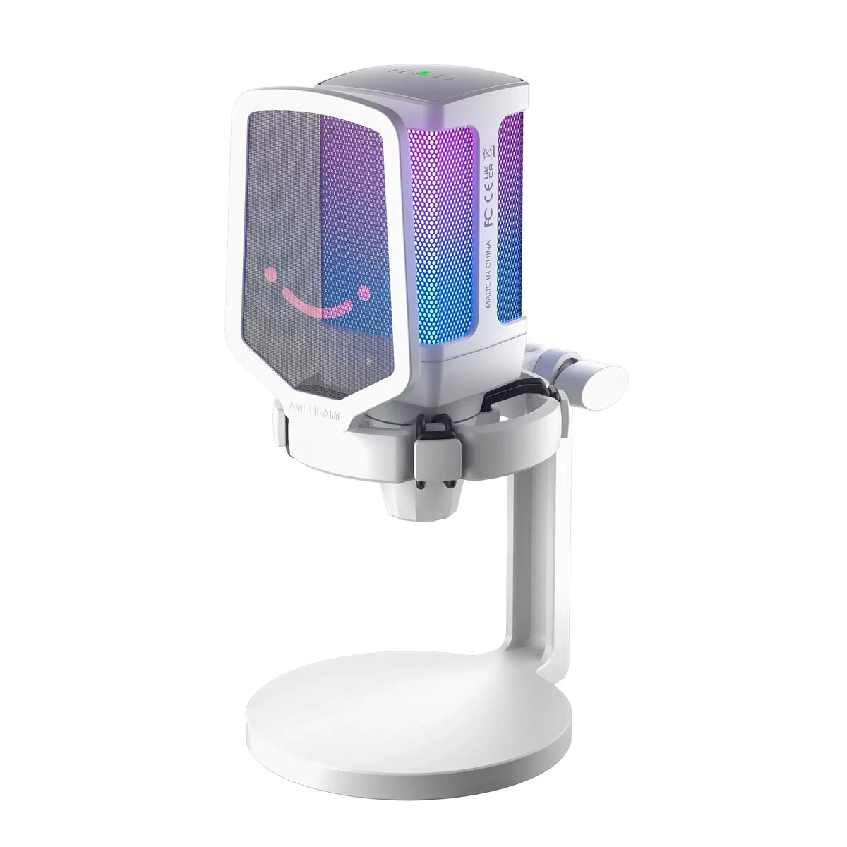Biały mikrofon z RGB podświetleniem i uśmiechniętą emotikoną, idealny do streamingu i Home Office