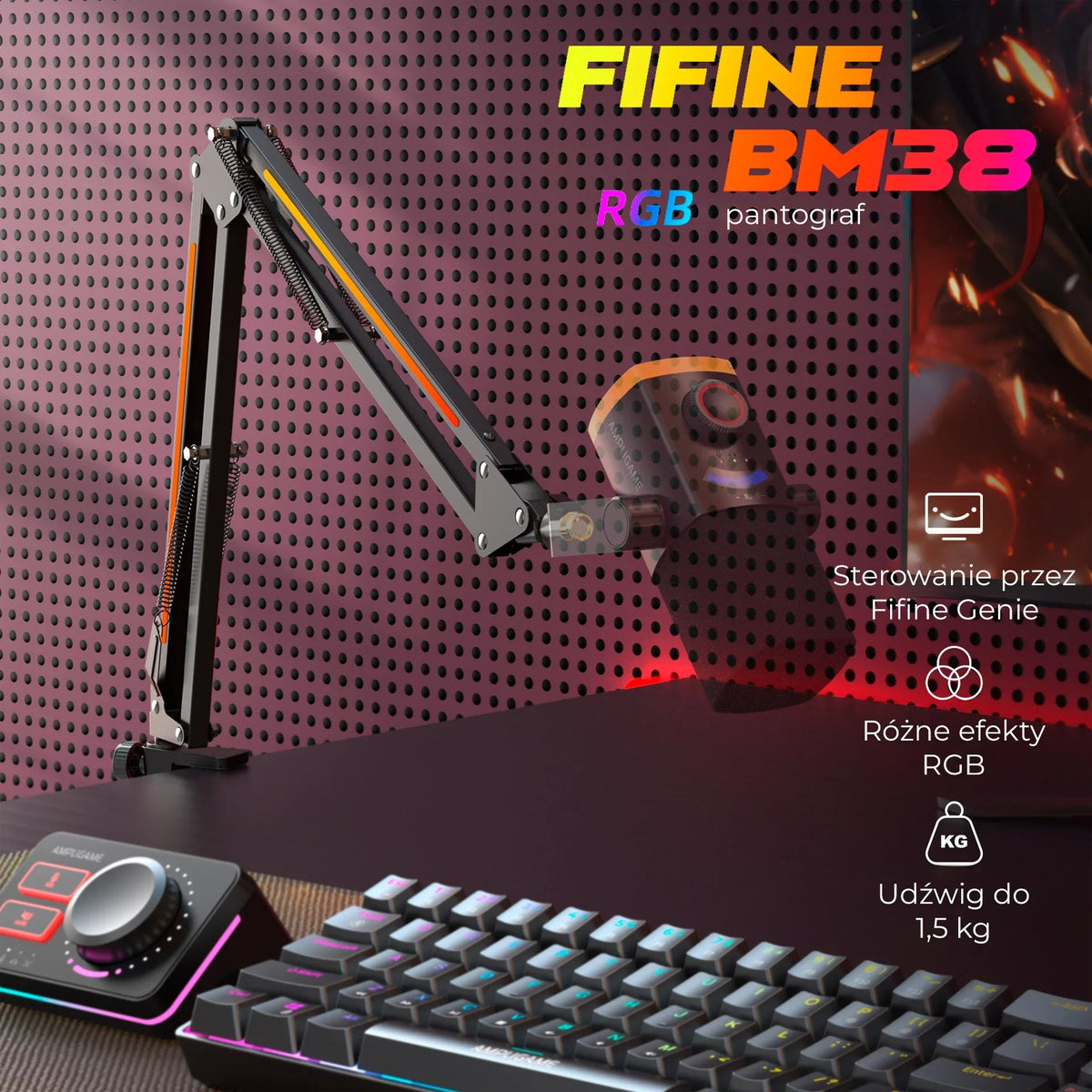 Fifine BM38 RGB pantograf z regulacją, idealny do desk setupu i home office, z klawiaturą mechaniczną