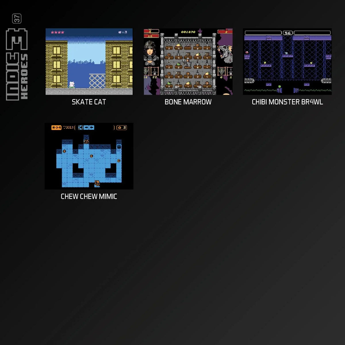 Zestaw gier indie: Skate Cat, Bone Marrow, Chibi Monster BR4WL, Chew Chew Mimic w stylu pixel art