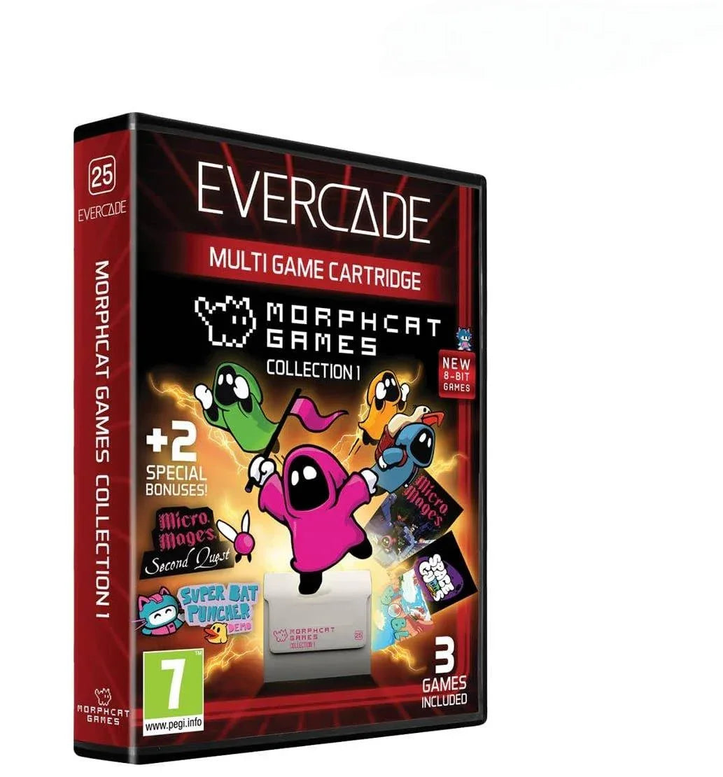Pudełko Evercade z kolekcją gier Morphcat Games, 3 gry + 2 bonusy, wersja 8-bitowa, PEGI 7