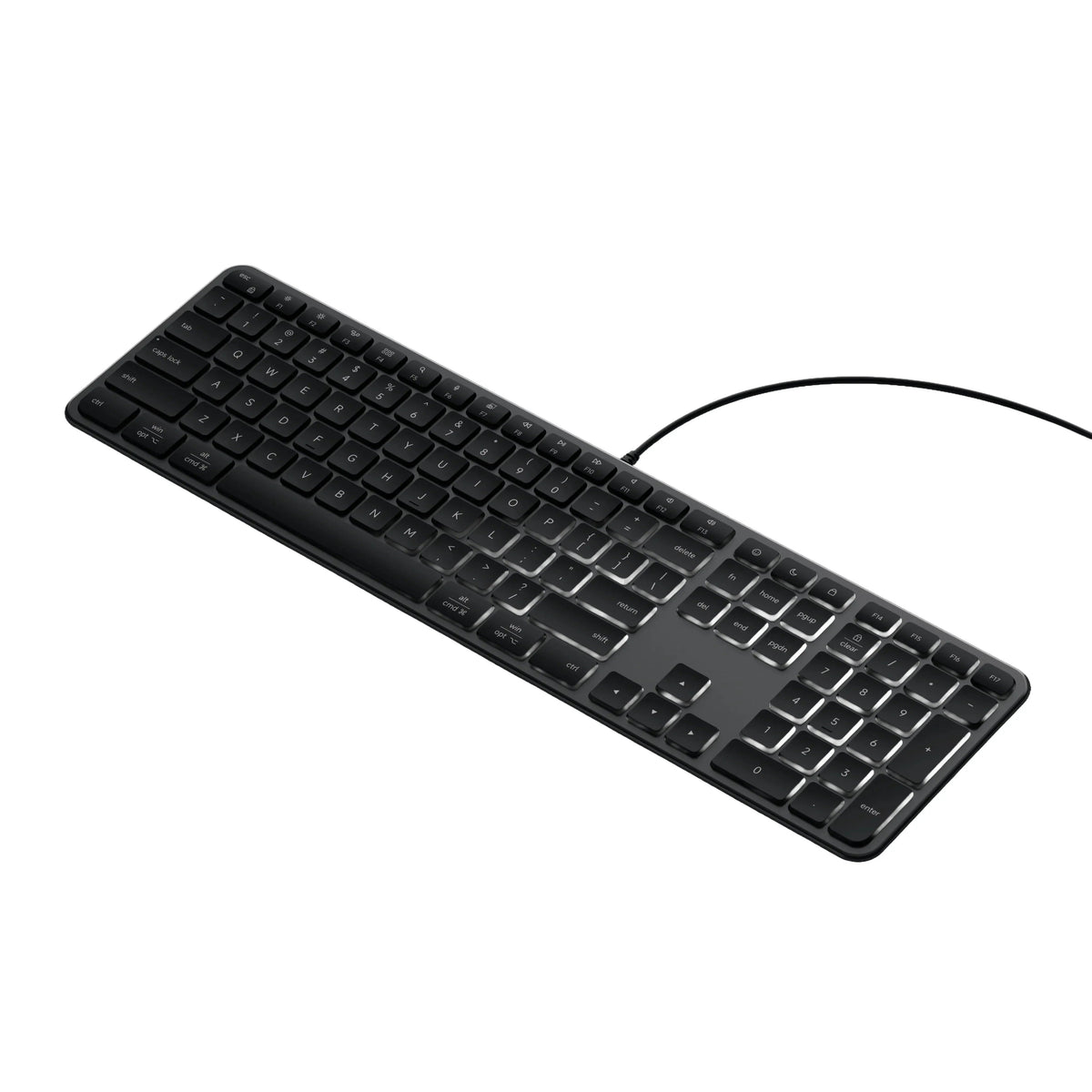 Czarna klawiatura z przewodem, idealna do home office i desk setupu, z klawiszami dla Windows i Mac