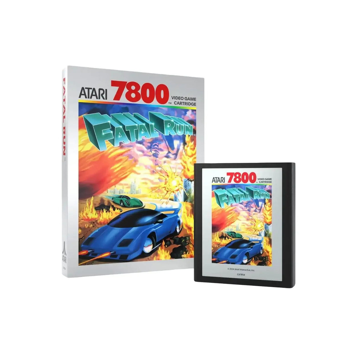 Gra Atari 7800 Fatal Run – pudełko i konsolowa karta z klasycznym wyścigowym motywem