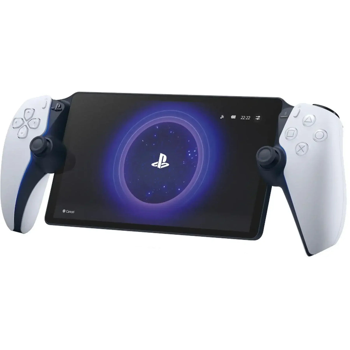 PlayStation Portal z białymi kontrolerami i ekranem z logo PS