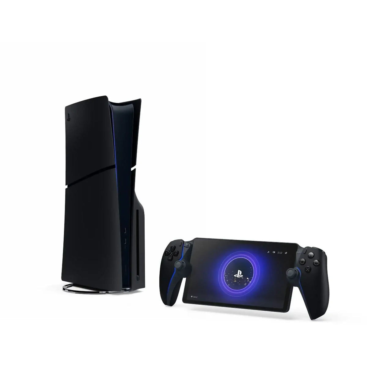 Czarna konsola PlayStation 5 z kontrolerem DualSense i ekranem, idealna dla graczy i biur domowych.