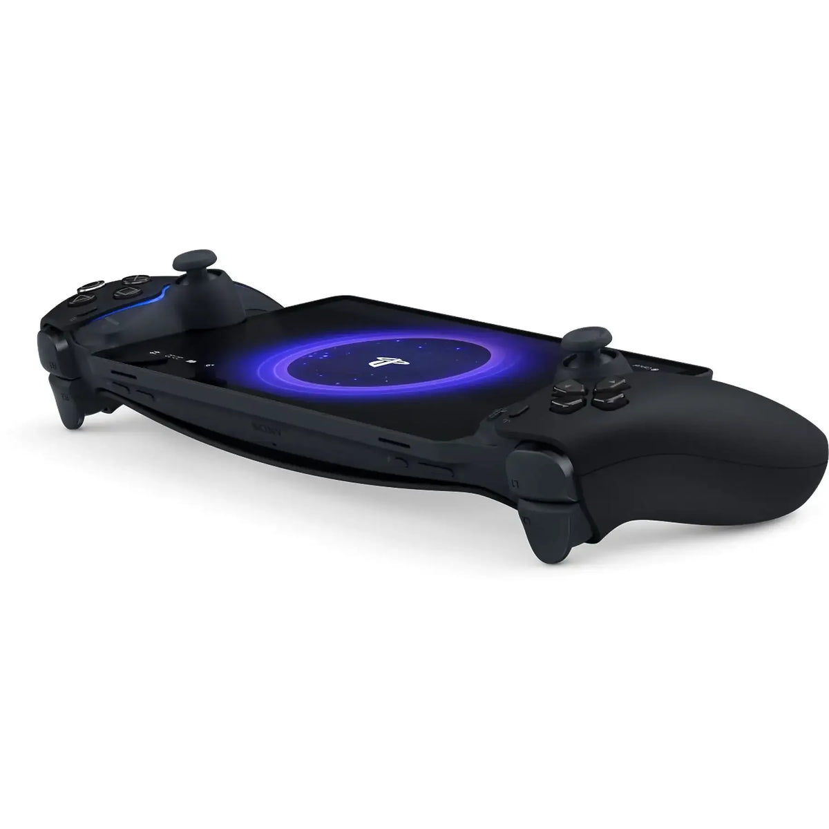 Czarny kontroler gier z niebieskim podświetleniem i logo PlayStation