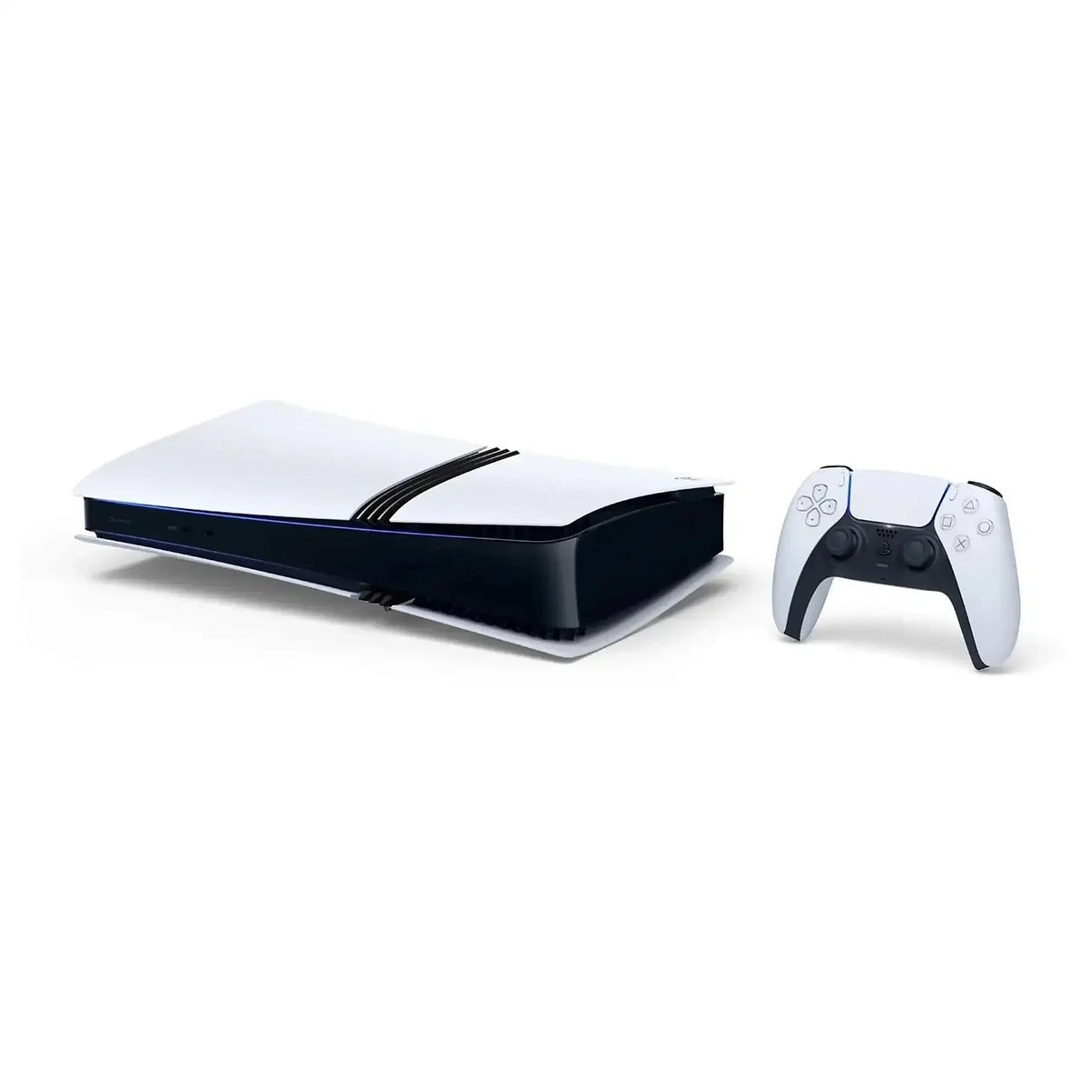 Biała konsola PlayStation 5 z kontrolerem DualSense na białym tle, idealna do gier i rozrywki w domu