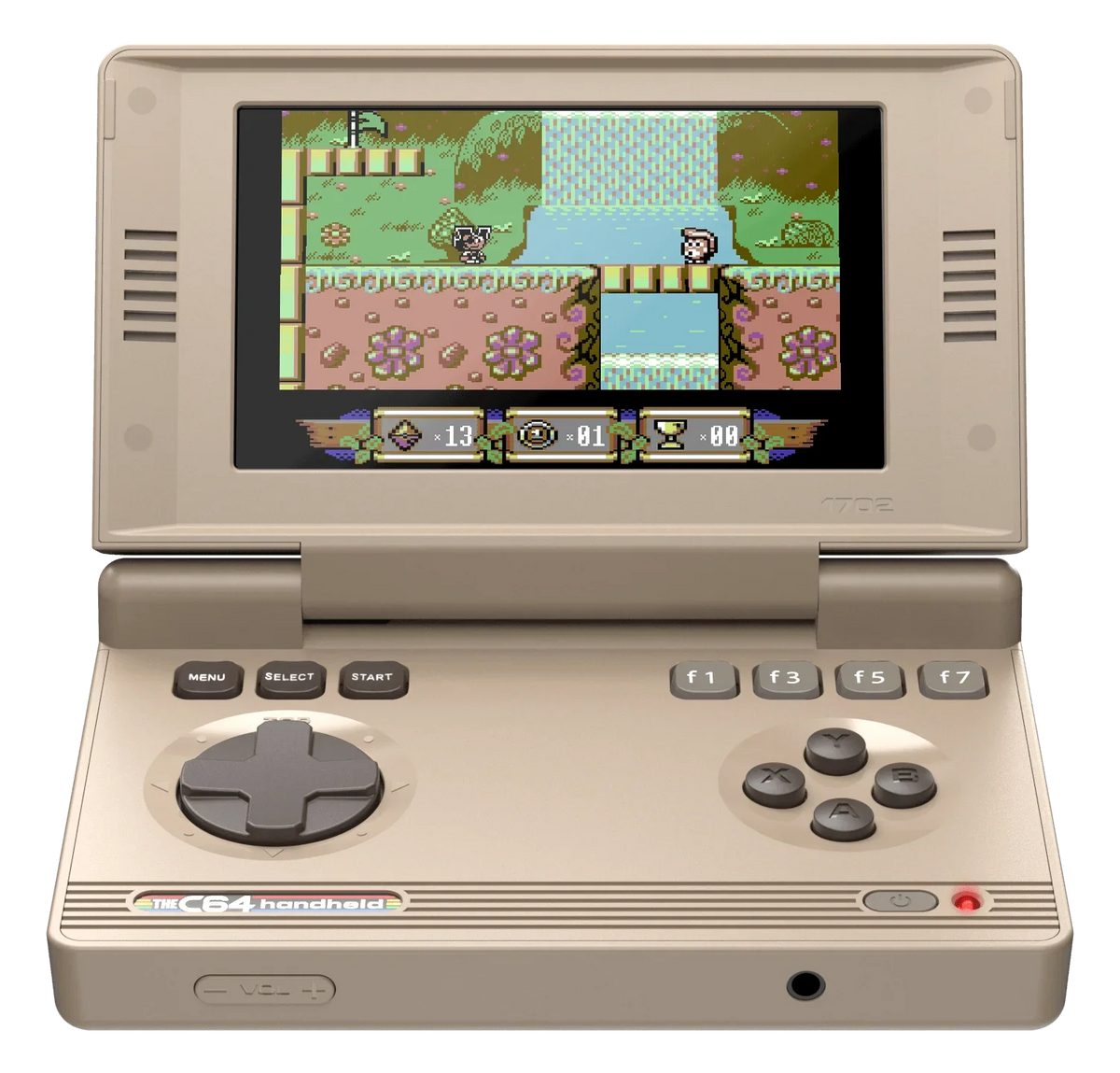 Konsola przenośna C64 Handheld z klasyczną grą w stylu retro, idealna dla fanów gier vintage.
