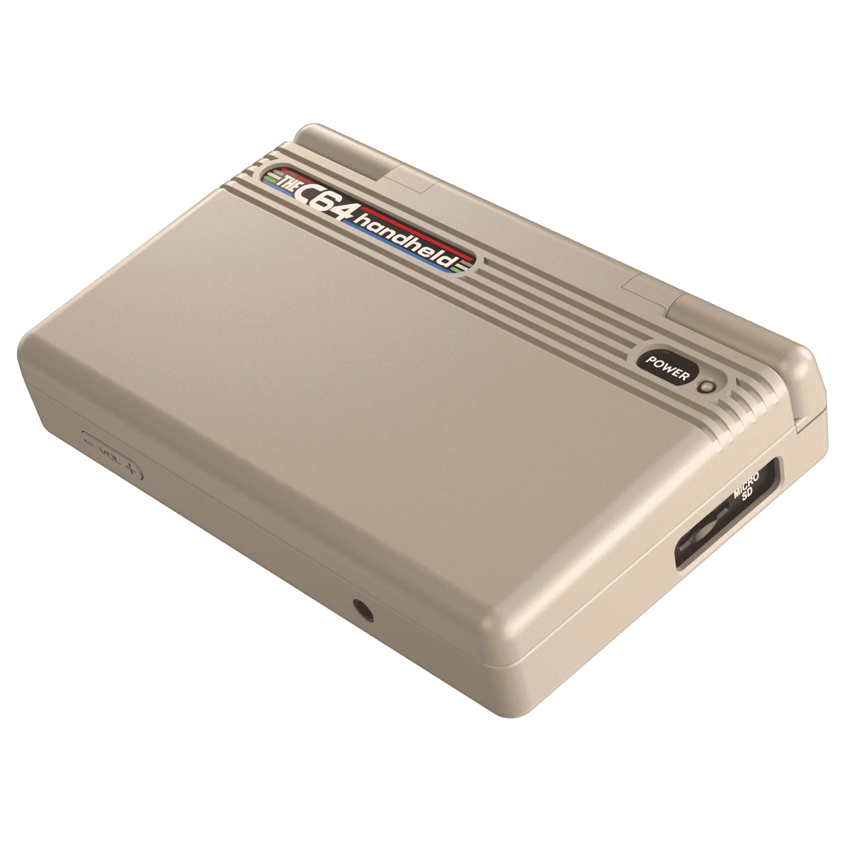 Przenośny C64 z przyciskiem POWER i slotem MICRO SD, idealny dla fanów retro gamingu