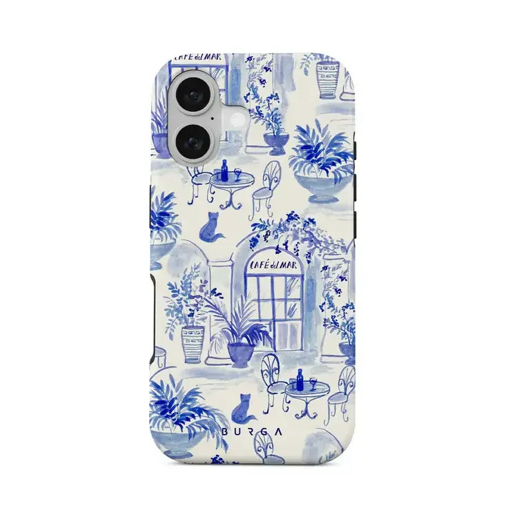Elegancki etui na telefon z niebieskim wzorem kawiarni i roślin, idealne dla stylowego desk setupu