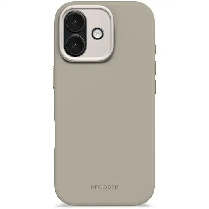 Beżowy etui na telefon z widocznym logo DECODED i otworami na aparat