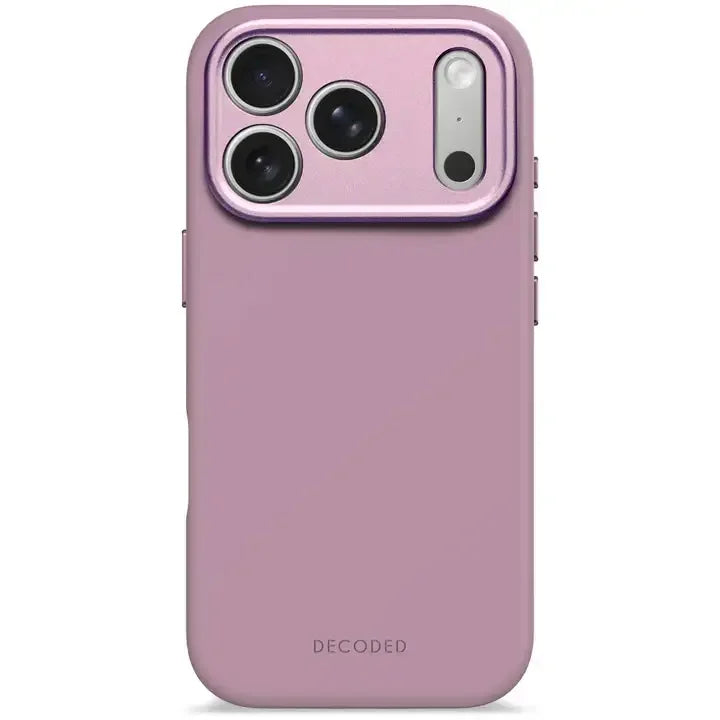 Różowy etui na telefon z widocznym logo DECODED i otworami na aparat