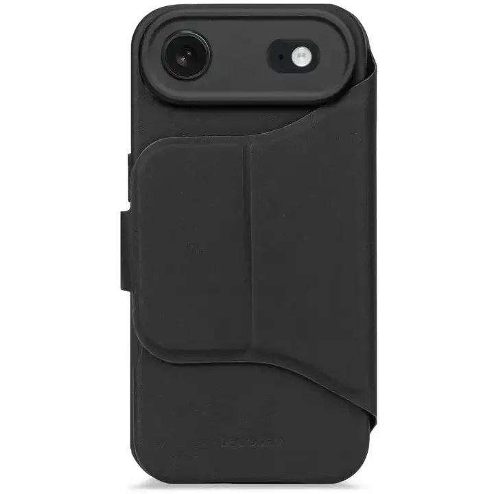 Czarny etui na telefon z kieszenią na karty, idealne do home office i biura