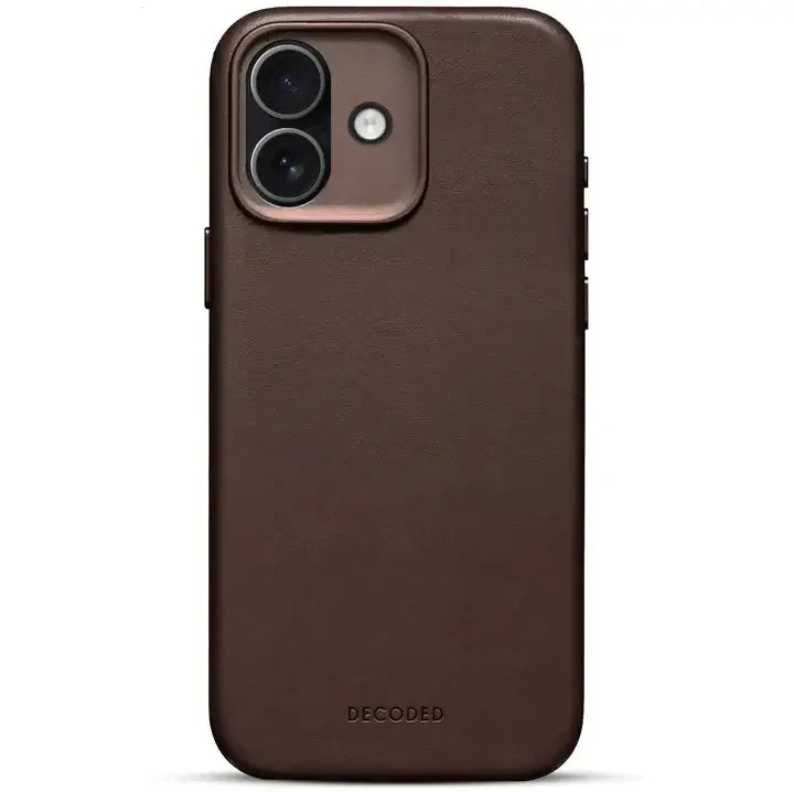 Brązowe etui skórzane na telefon z widocznym logo DECODED i aparatem