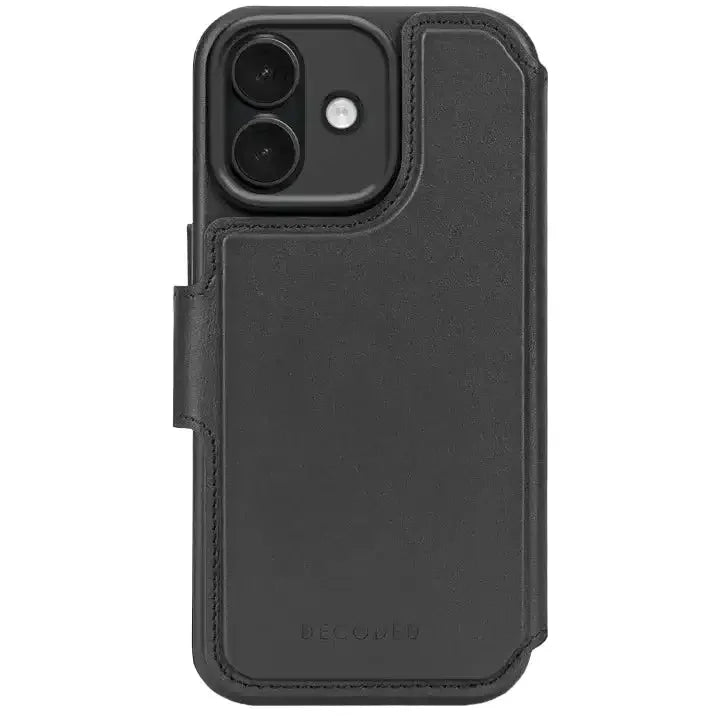 Czarny etui na telefon z klapką i przeszyciami, idealne dla Home Office