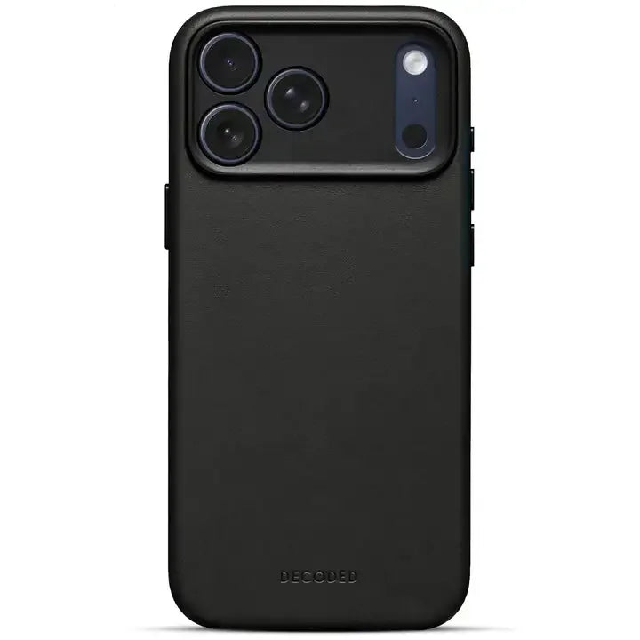 Czarny etui na telefon z widocznym logo DECODED, idealne do Home Office i biurka