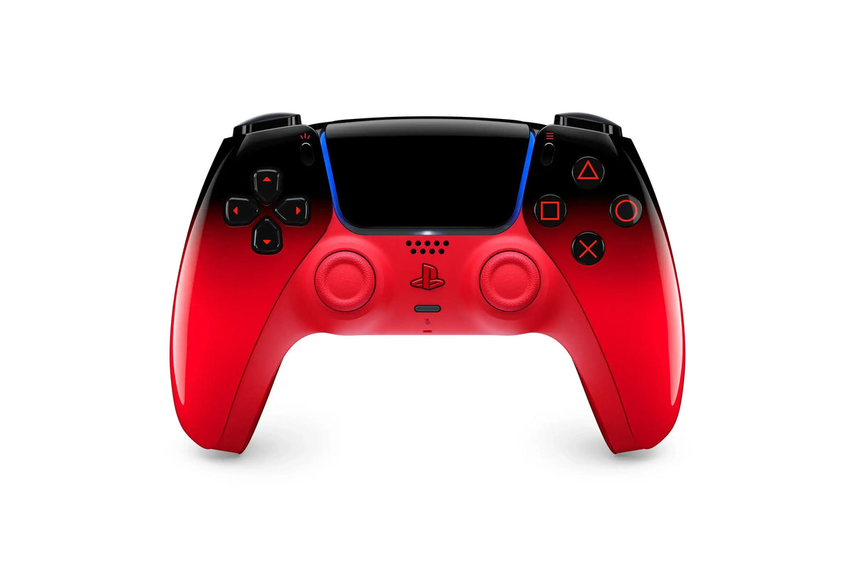 Czerwony kontroler gier z czarnymi przyciskami i niebieskim podświetleniem, idealny do gier na konsoli PlayStation.