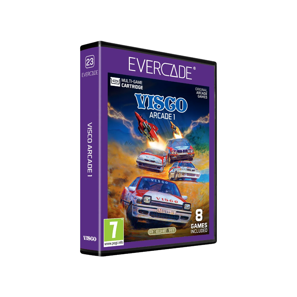 Pudełko gry Visco Arcade 1 z 8 klasycznymi grami arcade, wersja Evercade, ocena PEGI 7