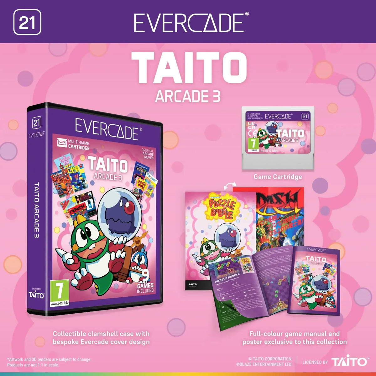 Evercade Taito Arcade 3 – kolekcja gier z kolorowym pudełkiem i instrukcją