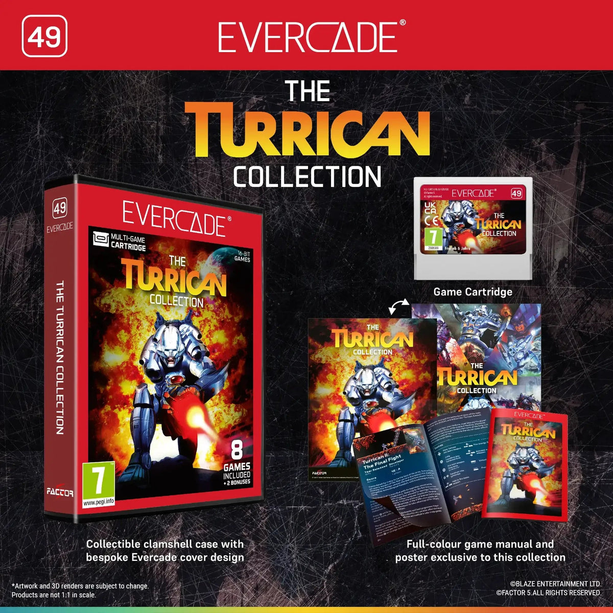 The Turrican Collection – zestaw gier retro w eleganckim pudełku z konsolą Evercade, manual i plakat