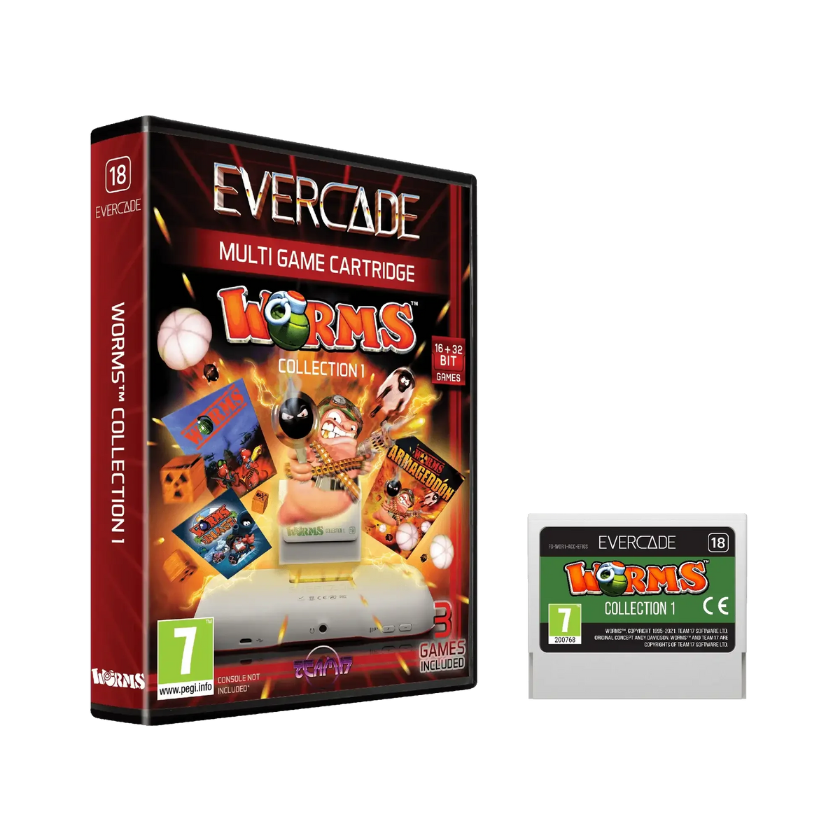 Pudełko i karta gry Worms Collection 1 dla konsoli Evercade, 3 gry w zestawie, PEGI 7