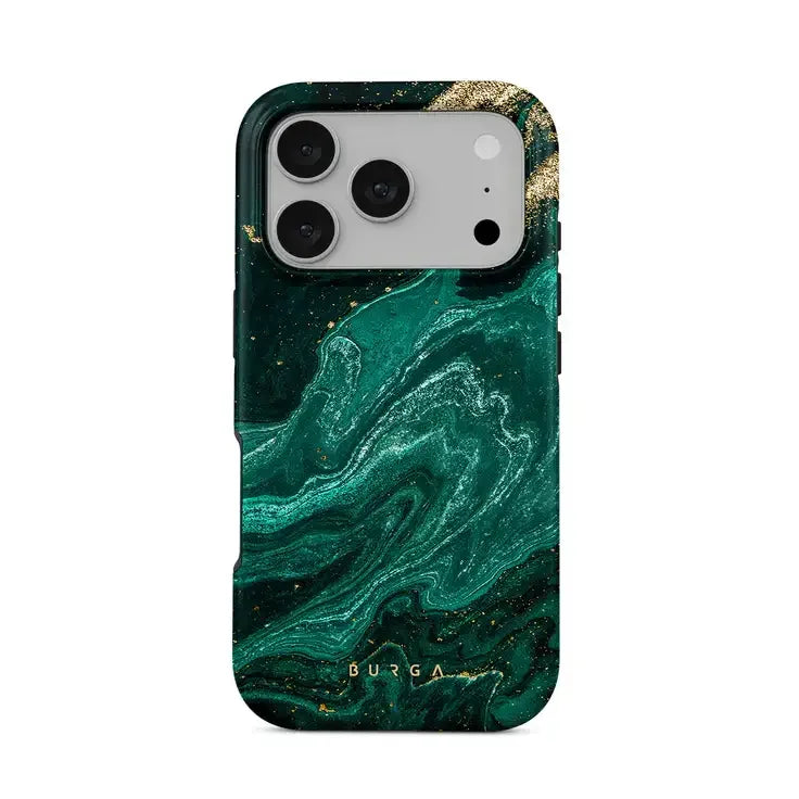 Zielony etui na telefon z marmurowym wzorem i złotymi akcentami, idealne dla stylowego desk setupu